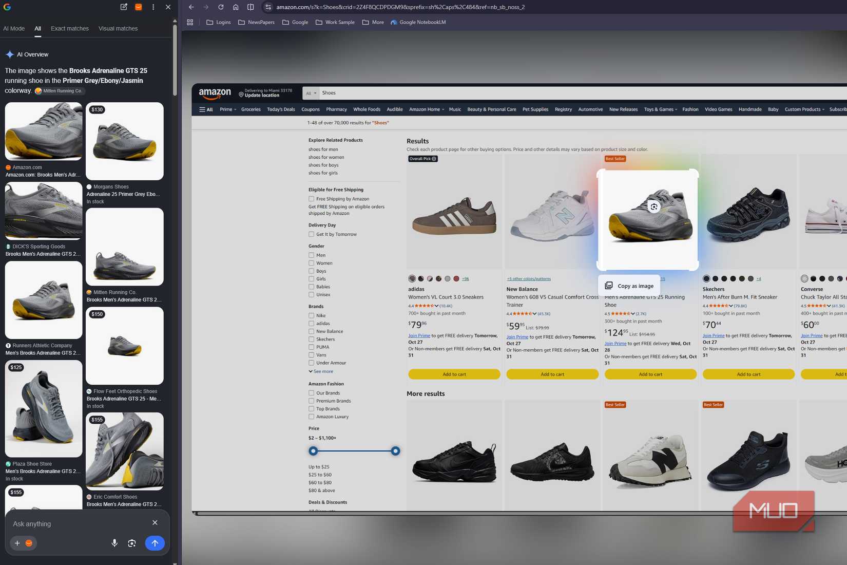 Google Lens scanning shoe with alternatives on the left side