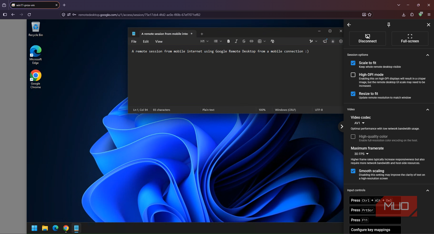 Chrome Remote Desktop options with Scale to fit and Resize to fit enabled and High-DPI mode disabled