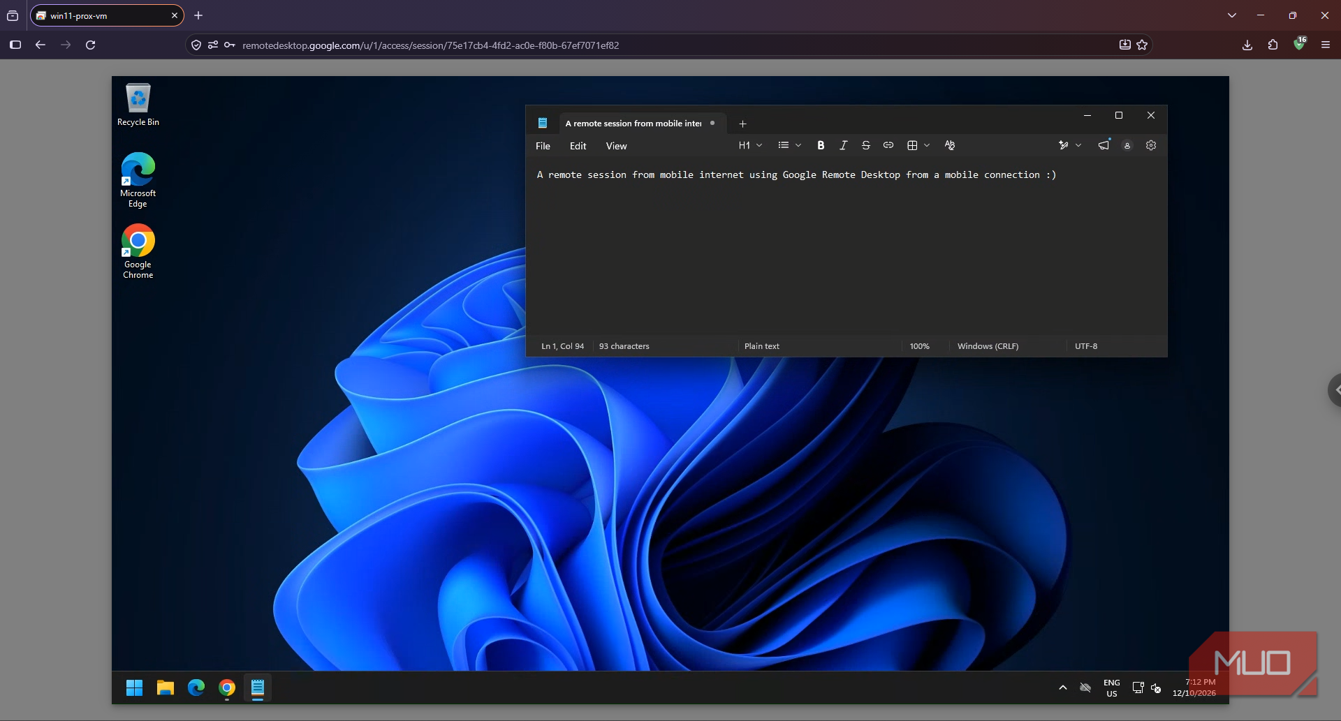 Windows 11 desktop with Notepad open in a Chrome Remote Desktop session through Firefox