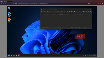 Windows 11 desktop with Notepad open in a Chrome Remote Desktop session through Firefox