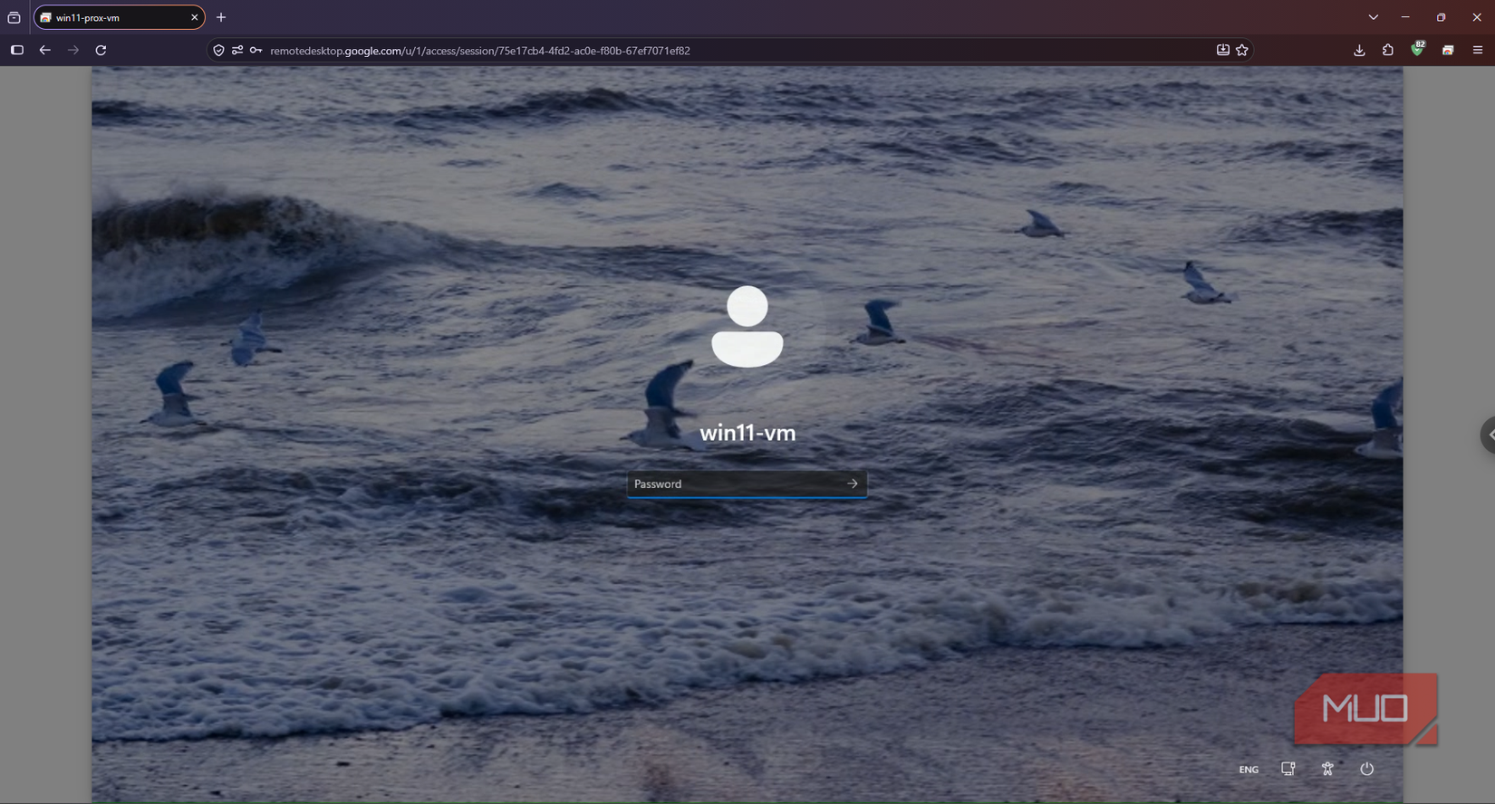 Windows 11 sign-in screen displayed in Chrome Remote Desktop in Firefox