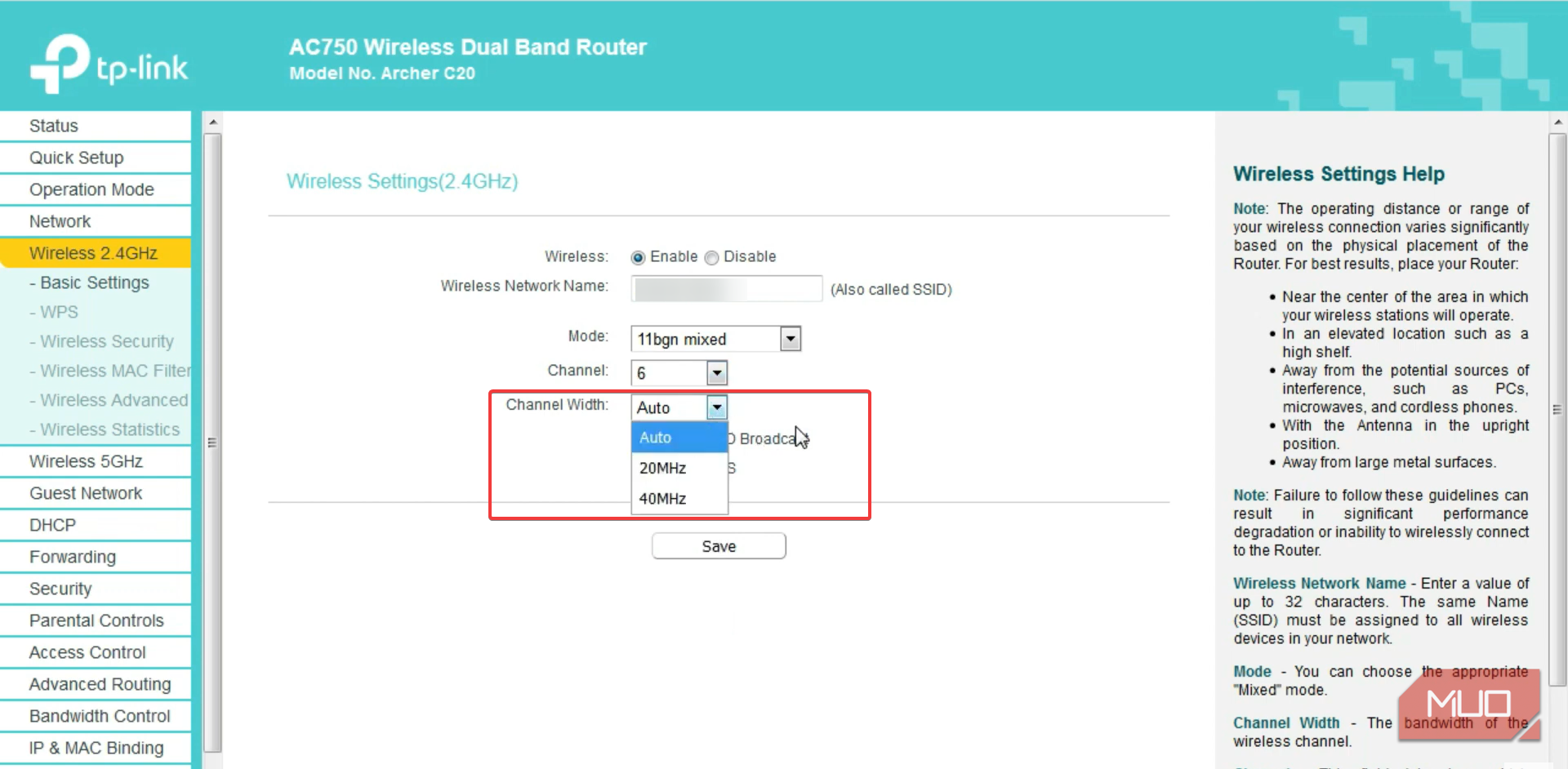 Configuring the channel width option