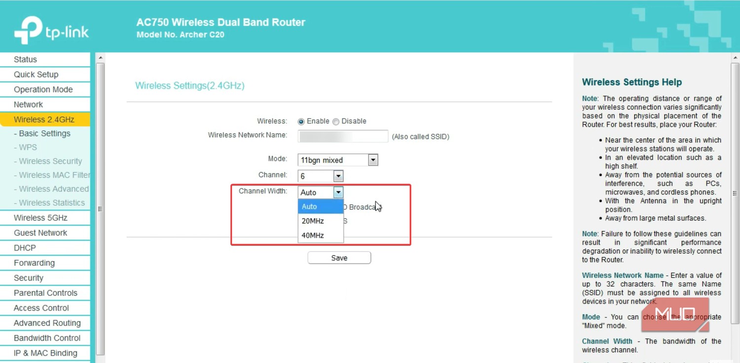 Configuring the channel width option