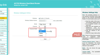 Configuring the channel width option