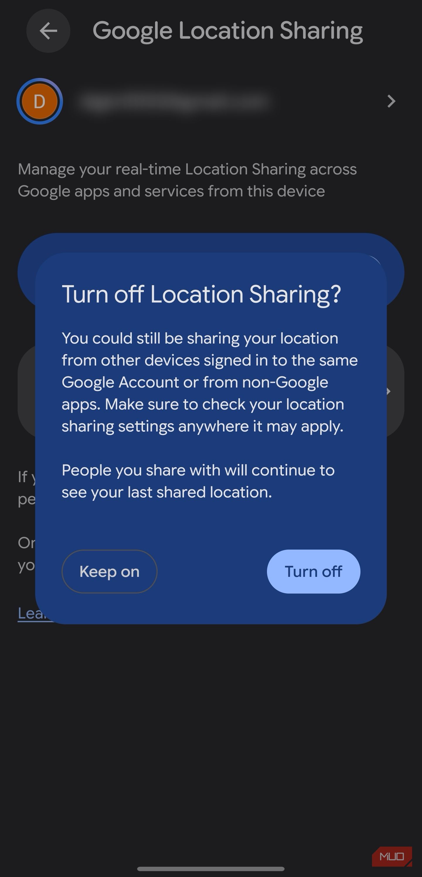 Confirmation prompt when disabling Google location sharing
