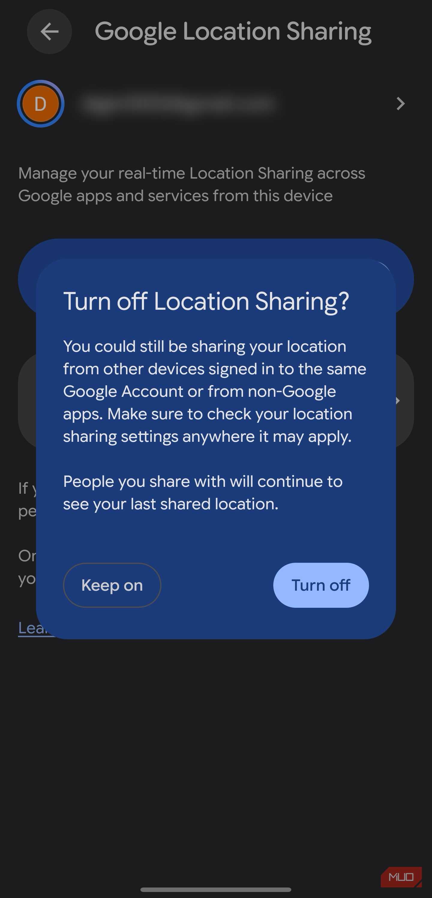 Confirmation prompt when disabling Google location sharing