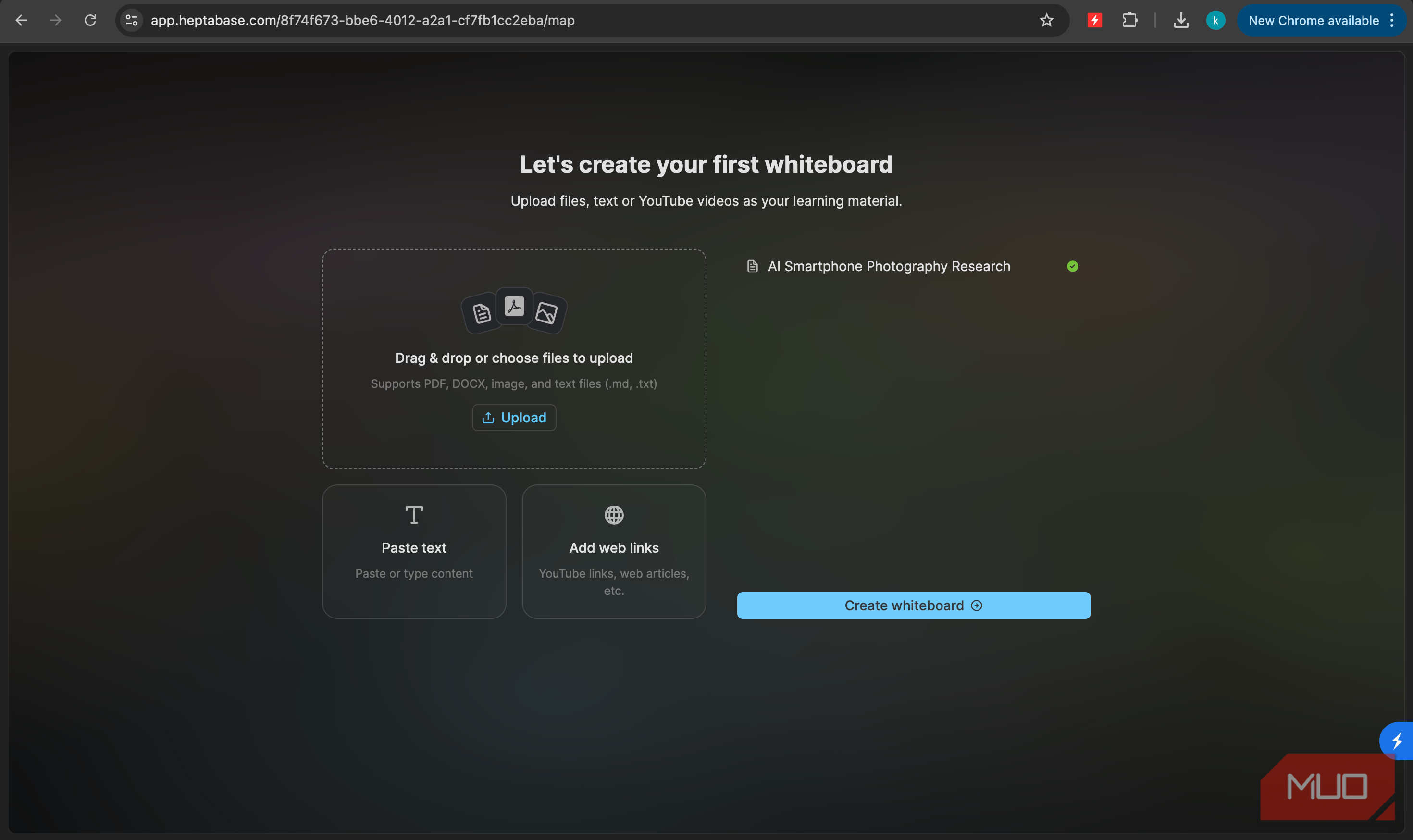 Создание новой белой доски в приложении Heptabase