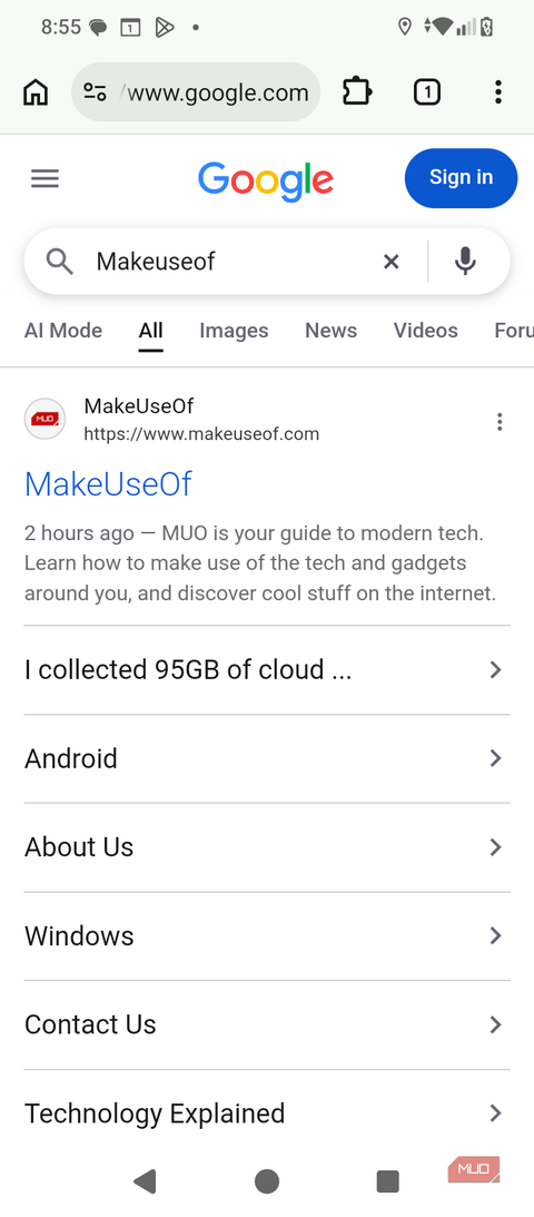 Cromite browser on Android showing Google search results for MakeUseOf