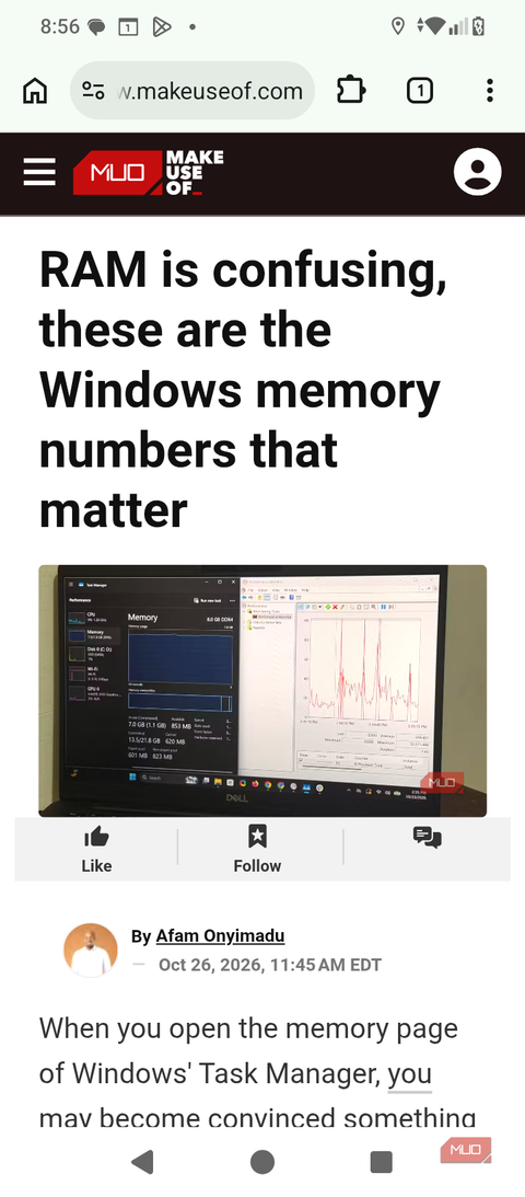Cromite on Android displaying a MakeUseOf article about Windows memory numbers