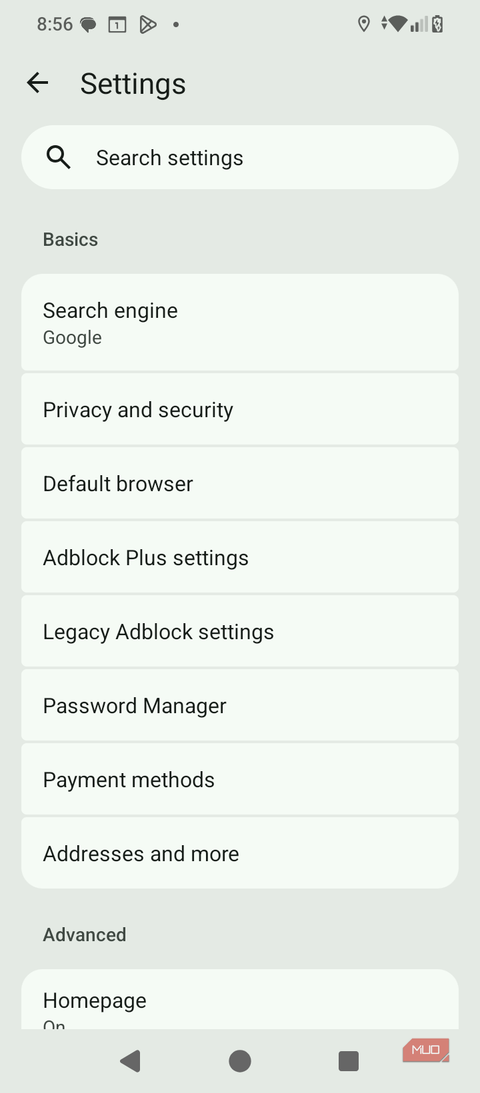 Cromite on Android settings page listing Adblock Plus and Legacy Adblock options