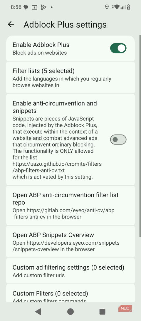 Cromite on Android showing Adblock Plus settings with ad blocking turned on