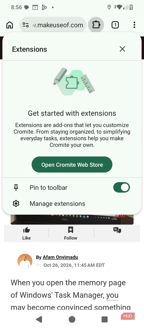 Cromite on Android showing an empty Extensions panel with a link to the Cromite Web Store