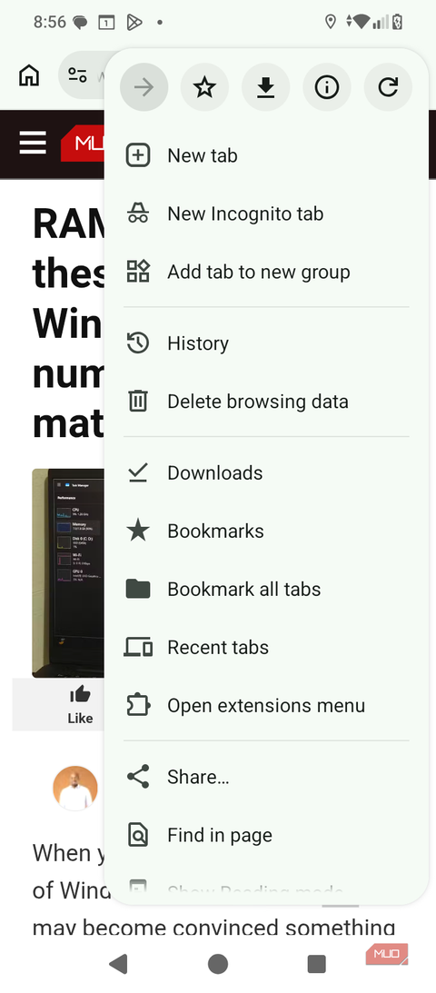 Cromite on Android with its main menu open showing tab, history and extension options