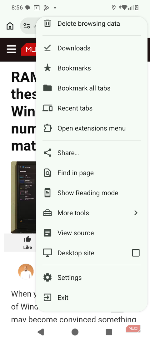 Cromite on Android with its menu scrolled down to Reading mode, Desktop site and Settings