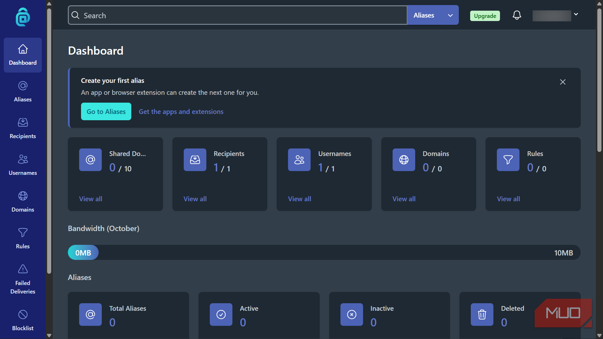 Dashboard interface for managing email aliases
