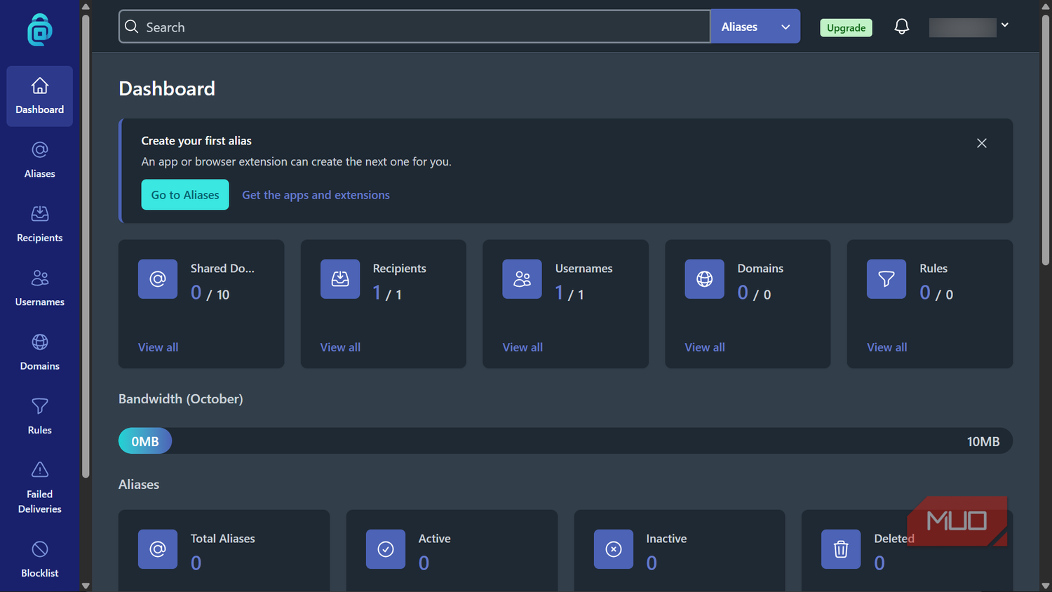Dashboard interface for managing email aliases