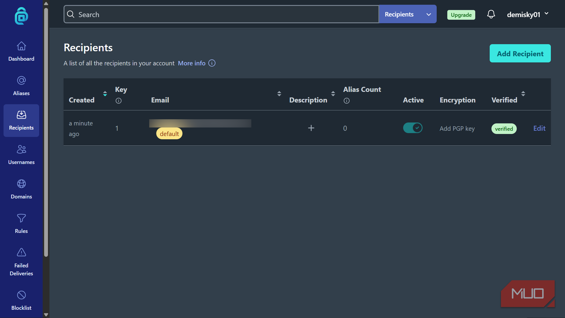Dashboard showing list of email recipients