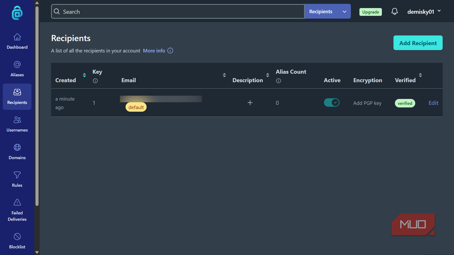 Dashboard showing list of email recipients