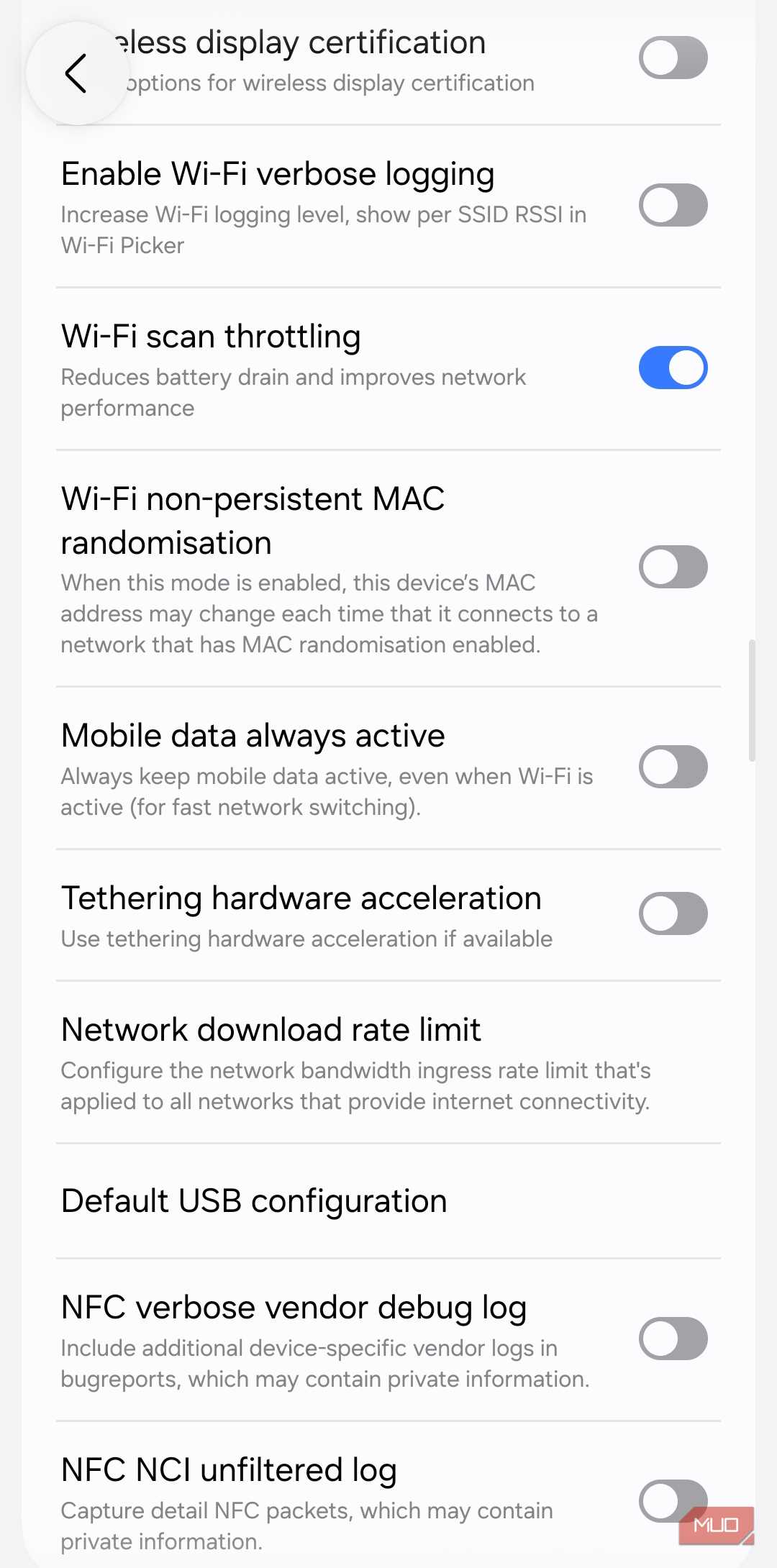 Developer options menu showing mobile data always active