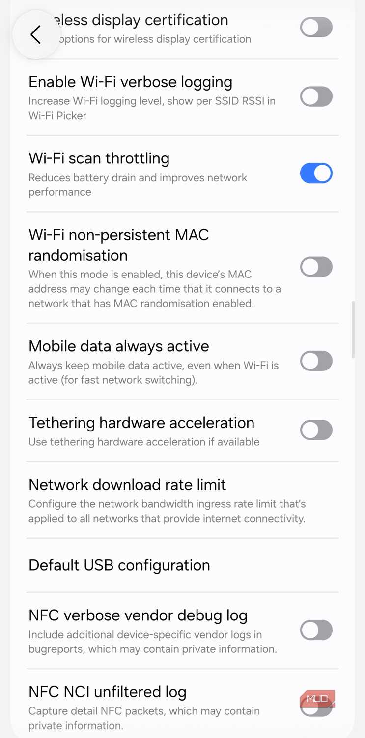Developer options menu showing mobile data always active