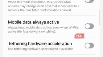 Developer options menu showing mobile data always active