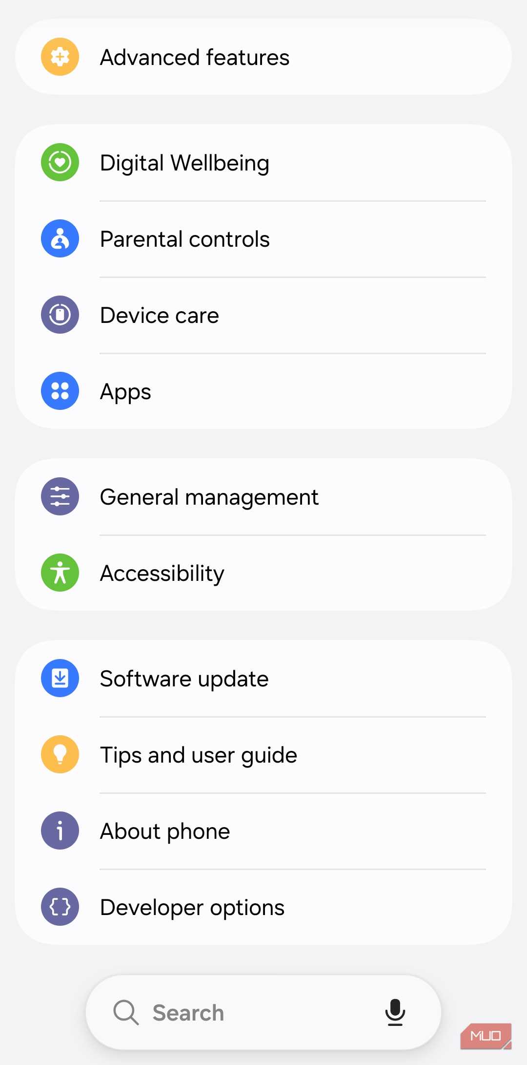 Developer options menu showing on Android