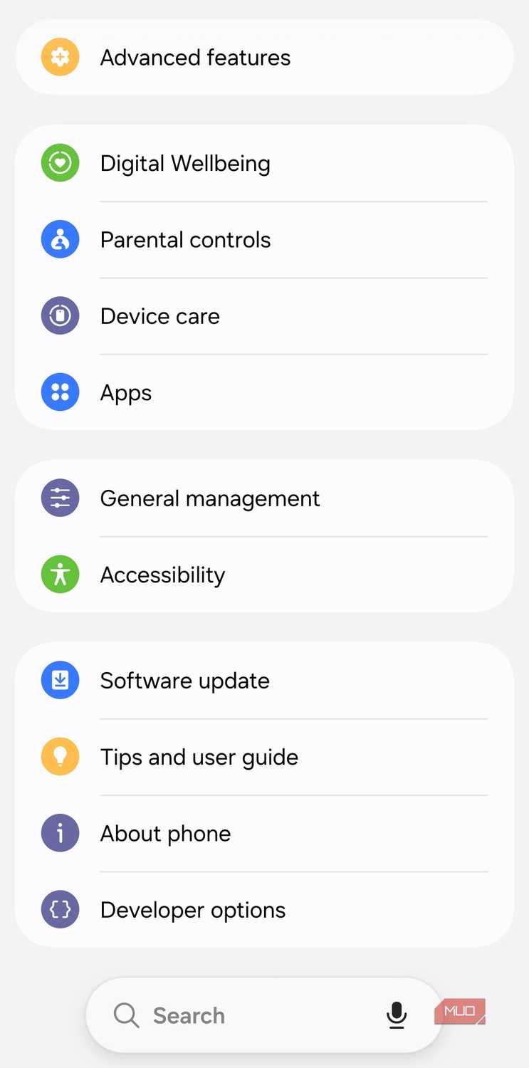 Developer options menu showing on Android