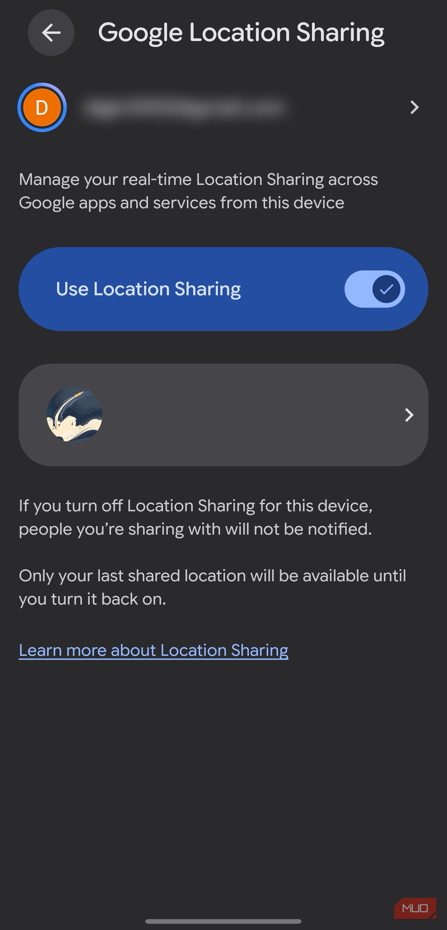 Device location sharing toggle in Google settings