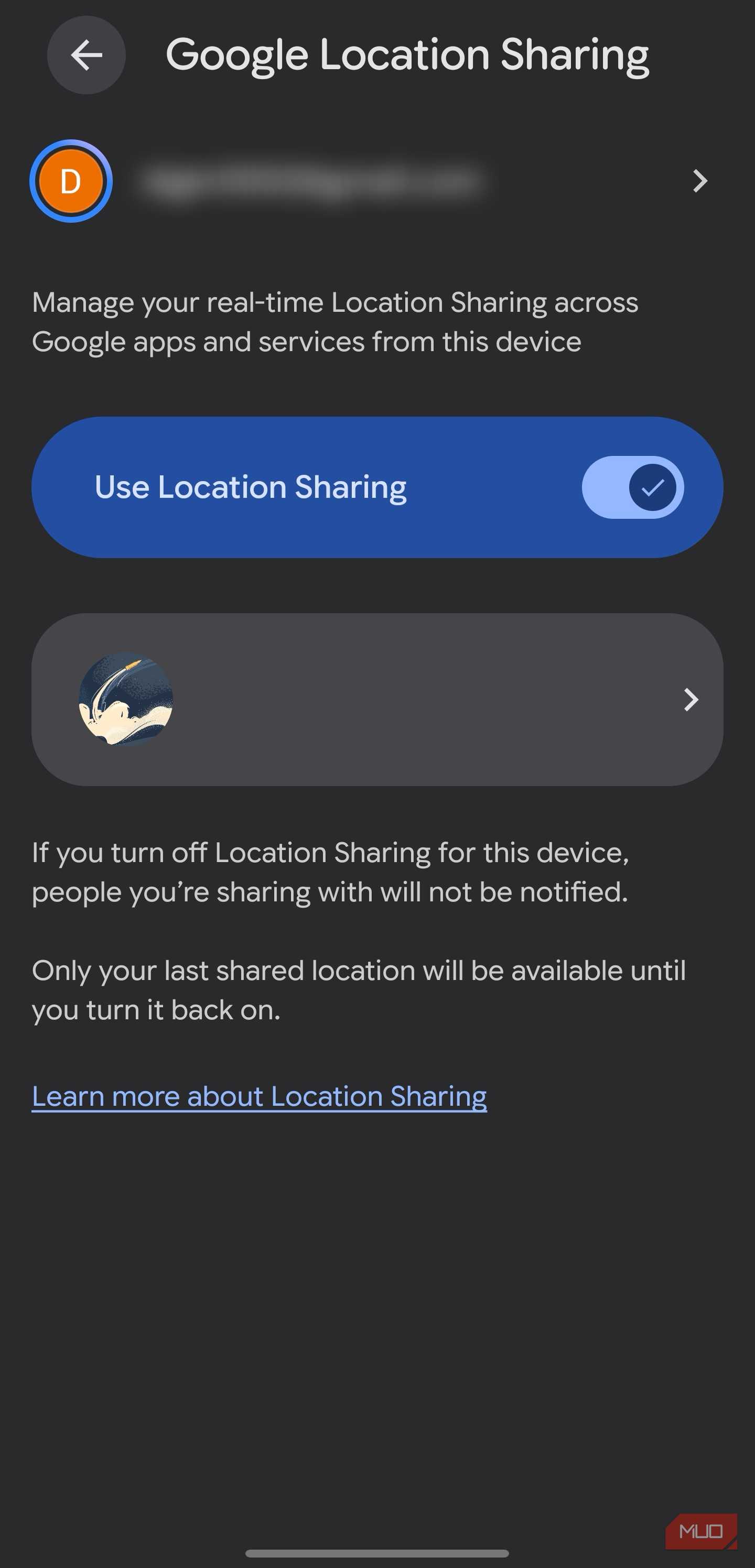Device location sharing toggle in Google settings