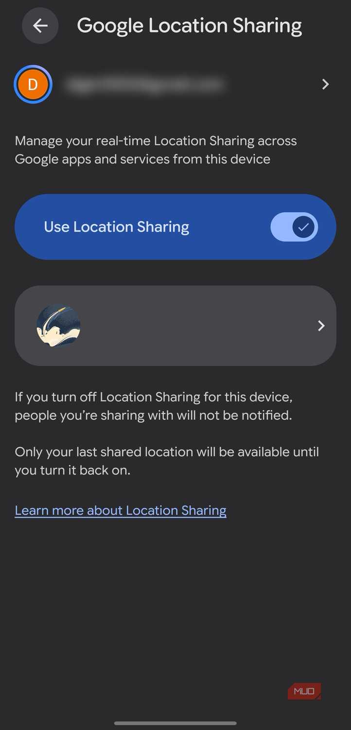 Device location sharing toggle in Google settings