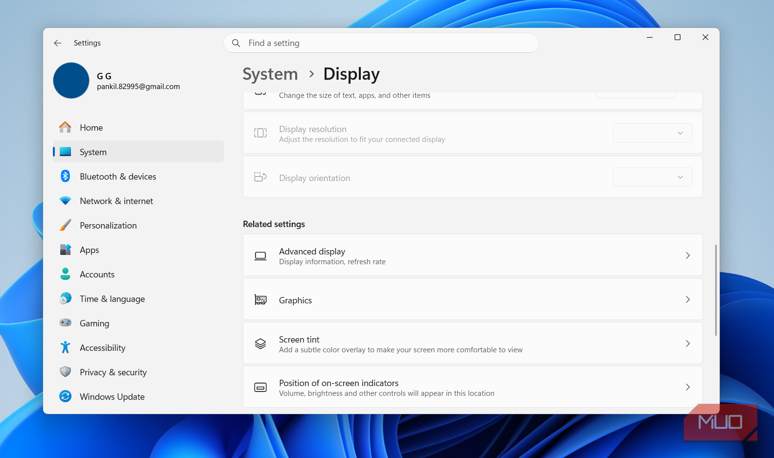 Display settings on Windows 11 PC