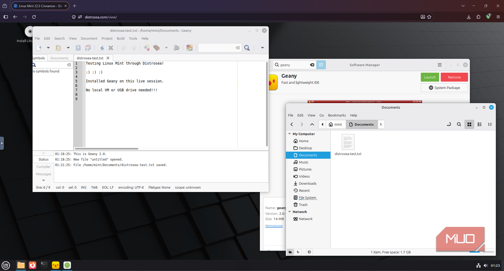 Geany running in a Linux Mint DistroSea session with a saved test document open