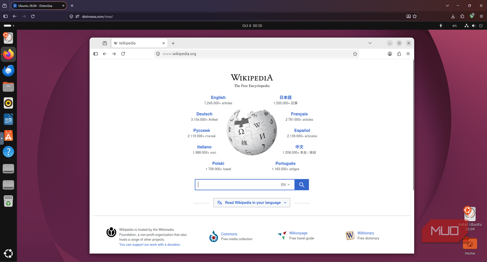 irefox inside an Ubuntu DistroSea session displaying the Wikipedia homepage