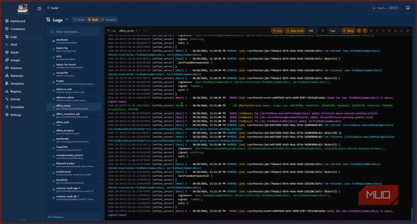 Журналы событий Просмотр логов в интерфейсе Dockhand