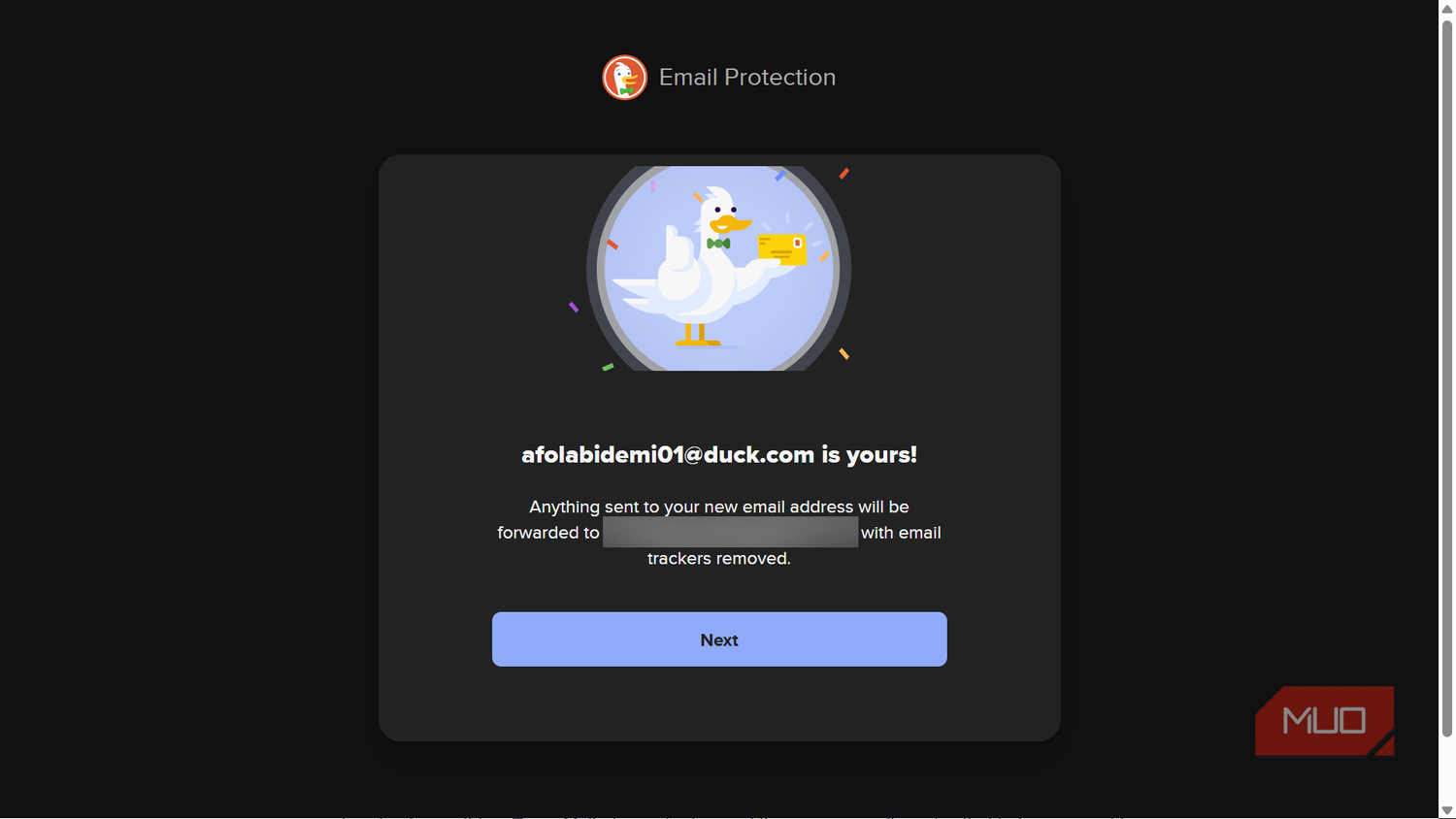 DuckDuckGo email protection address setup confirmation screen.
