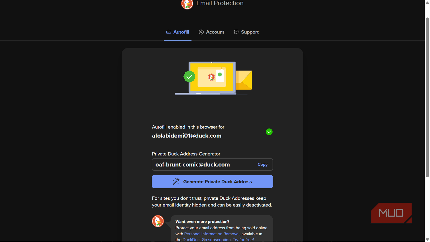 DuckDuckGo email protection and autofill settings page