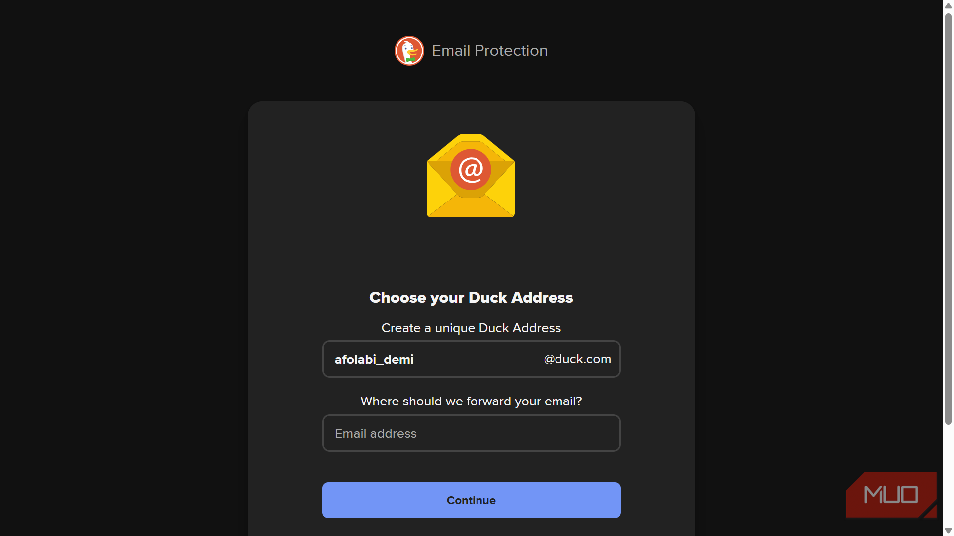 DuckDuckGo email protection setup screen