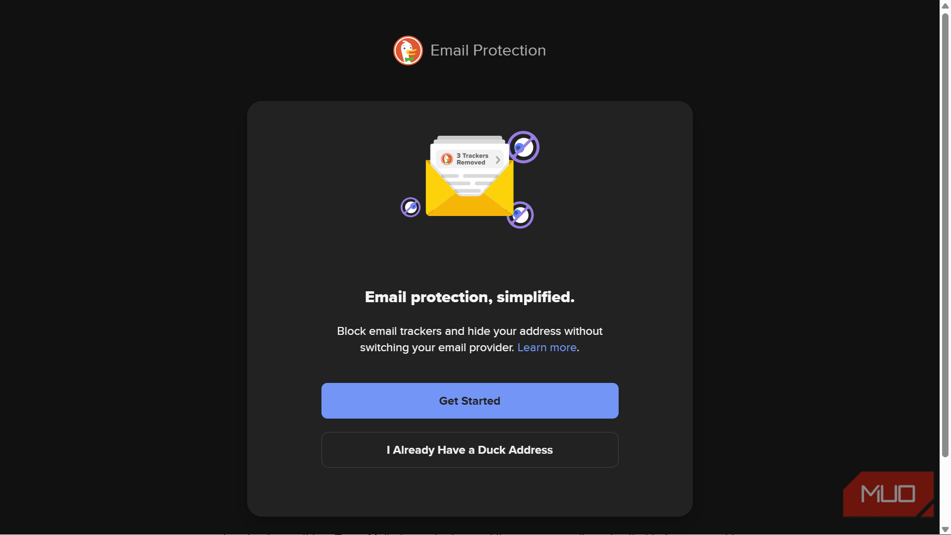 DuckDuckGo email protection welcome and setup screen