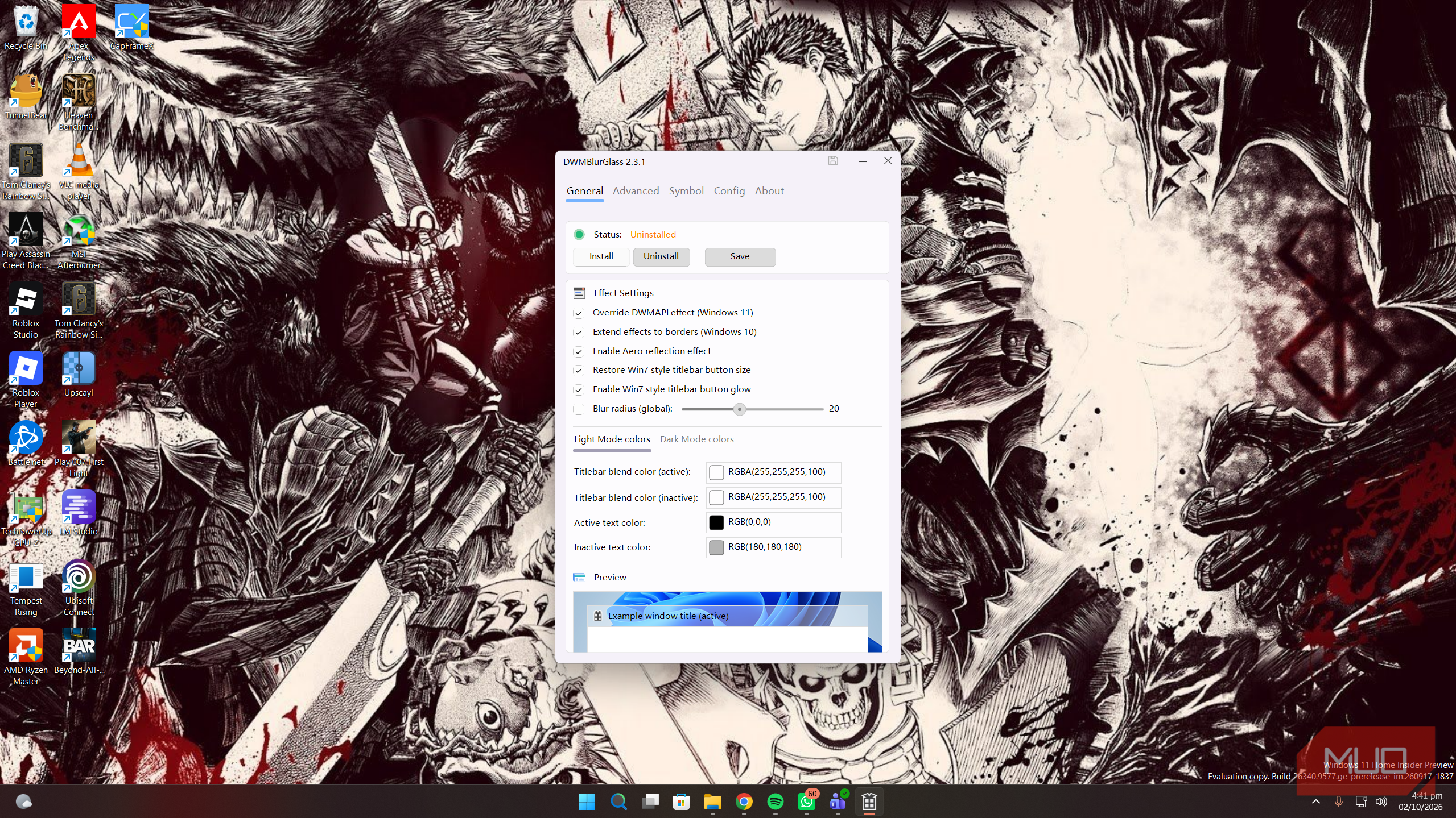 Интерфейс Windows 11 с примененными эффектами прозрачности DWMBlurGlass