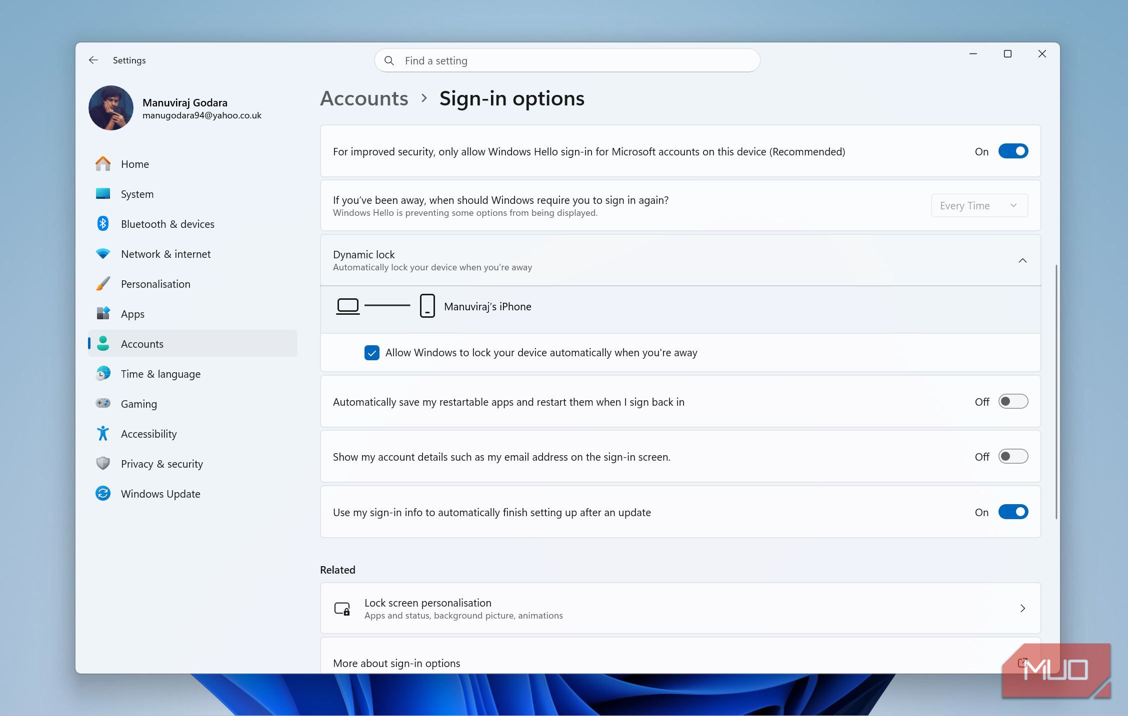 Активация функции динамической блокировки в настройках Windows
