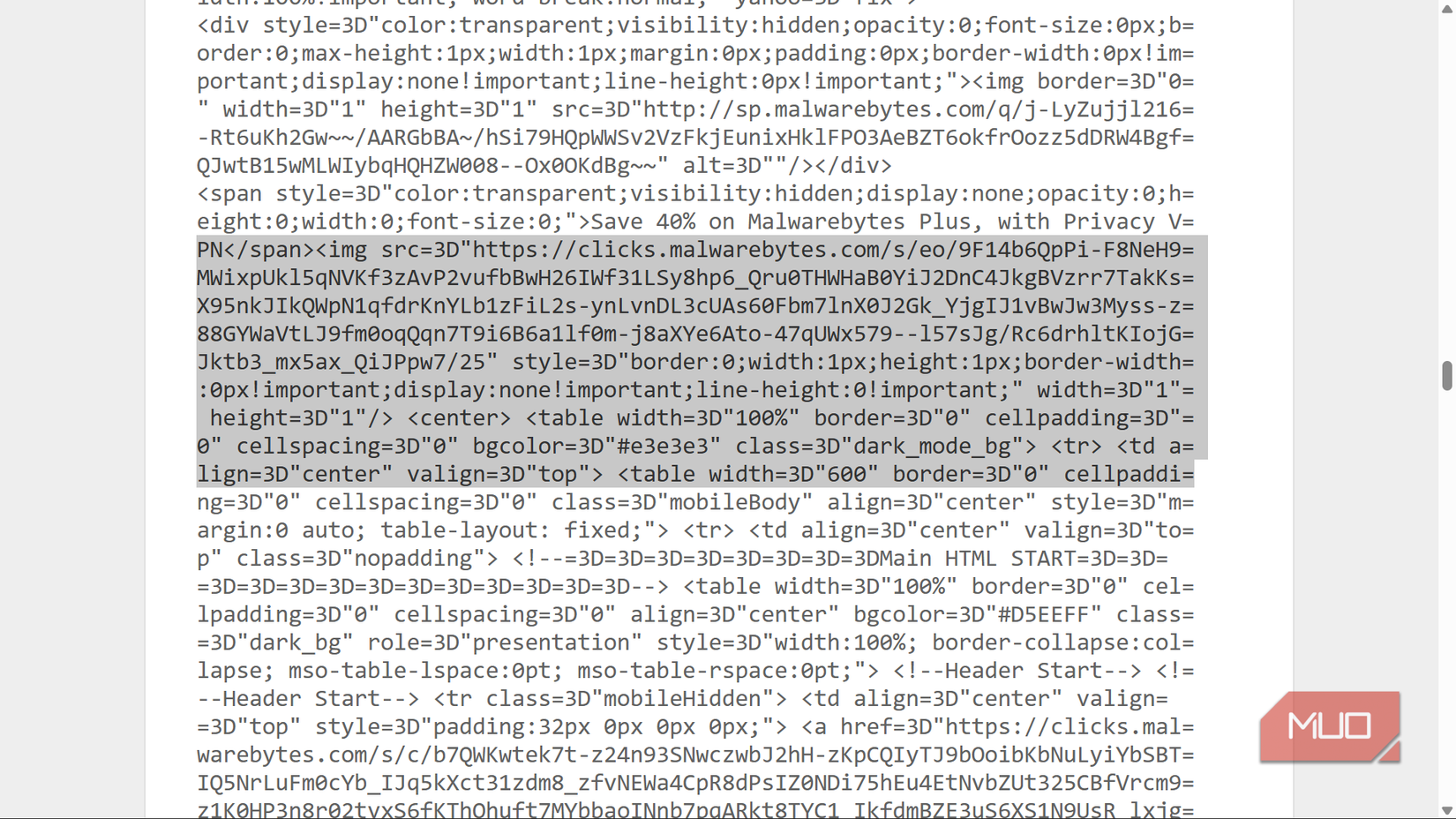Email HTML showing a hidden 1x1 tracking image