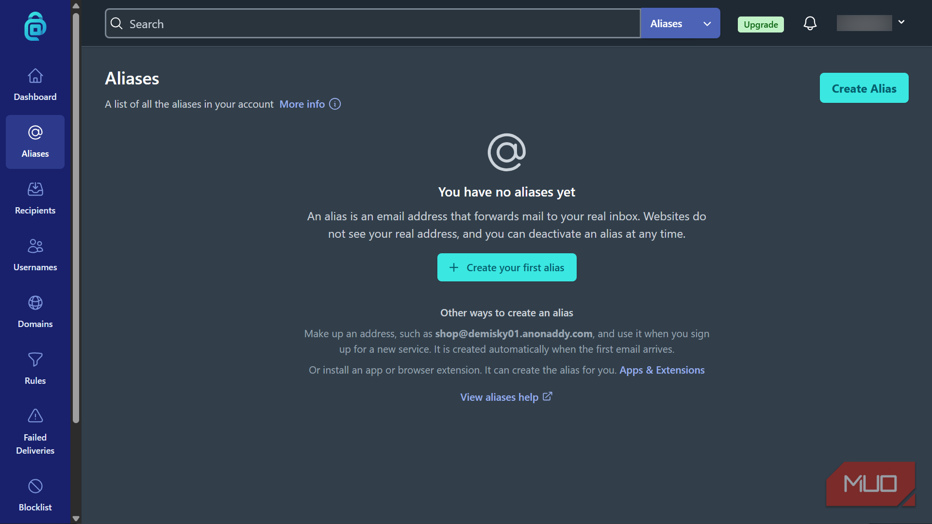 Empty aliases dashboard view on AnonAddy