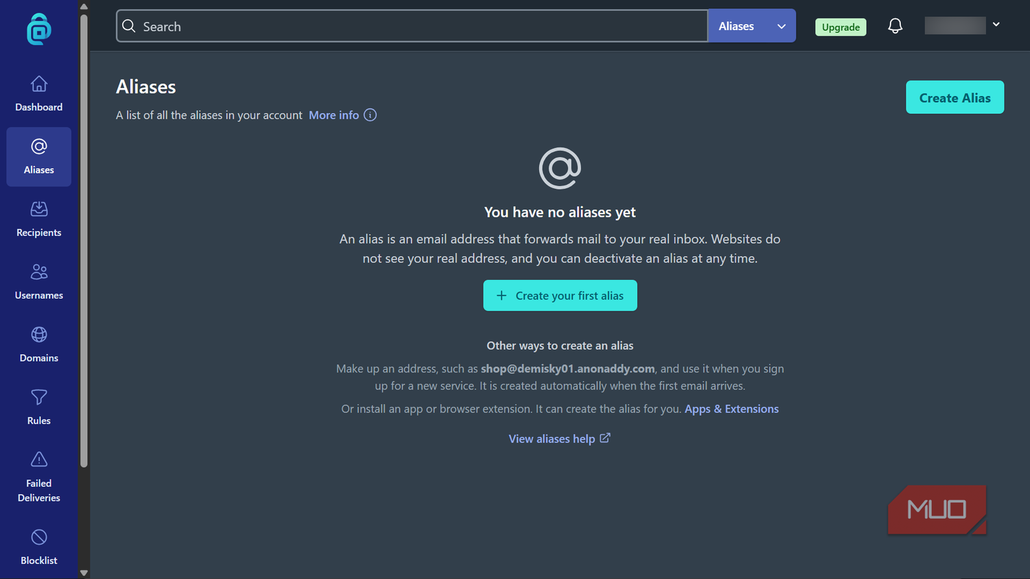 Empty aliases dashboard view on AnonAddy