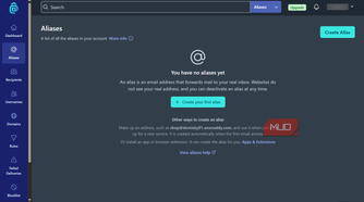 Empty aliases dashboard view on AnonAddy