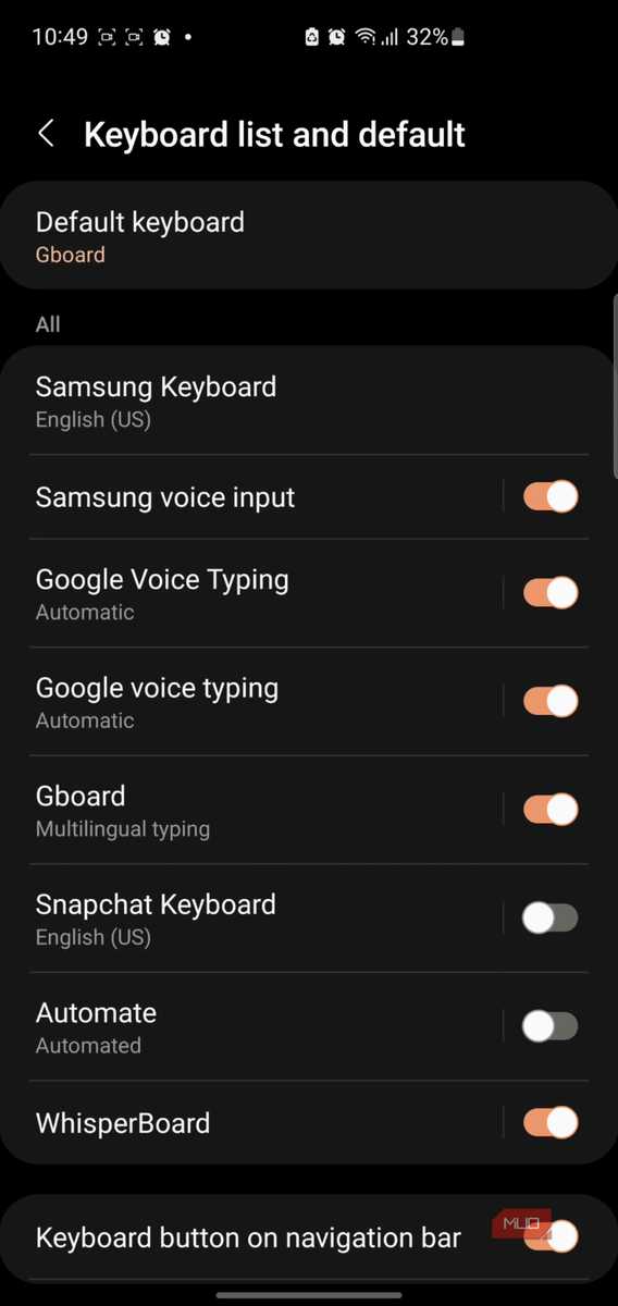 Enable WhisperBoard Android keyboard Активация клавиатуры WhisperBoard в настройках операционной системы