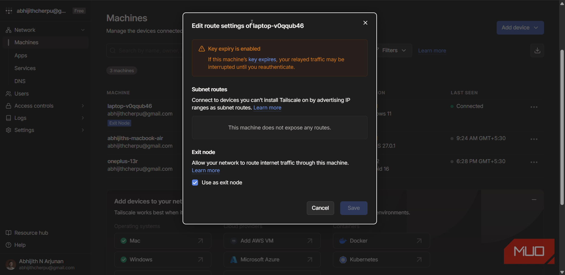 Активация опции Exit Node в веб-интерфейсе консоли Tailscale