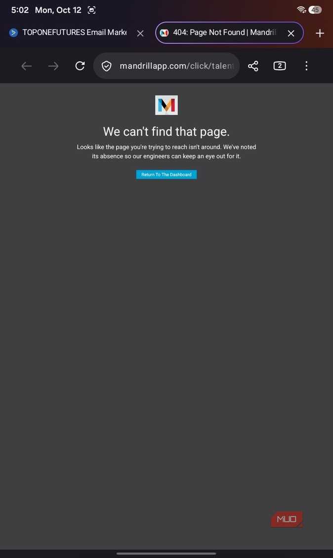 Ошибка 404 при повреждении ссылки Страница ошибки 404 сервиса Mandrill