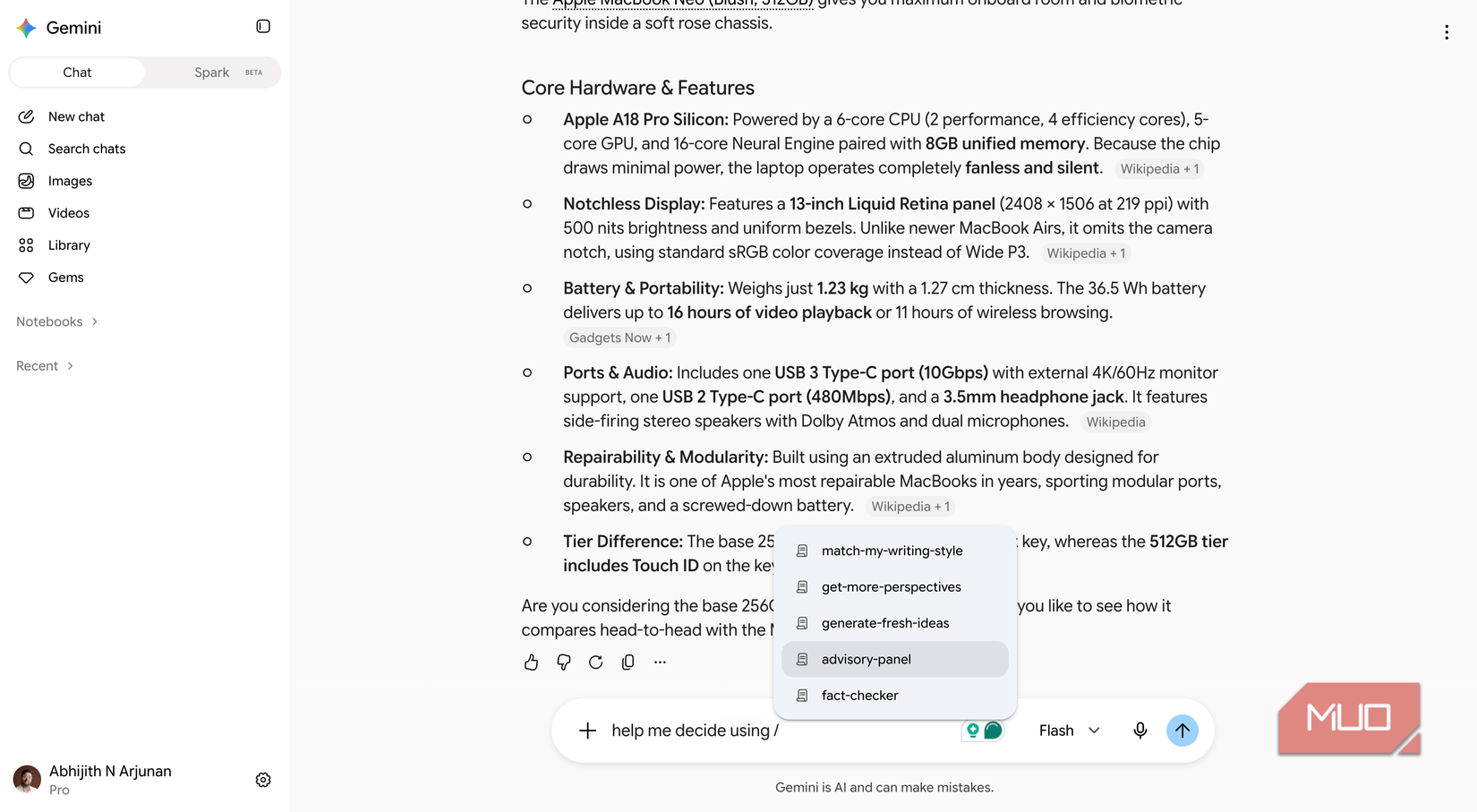 Screen showing Gemini invoking a particular skill in the FinChat