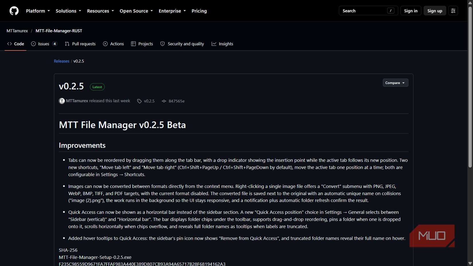 GitHub release page for MTT File Manager