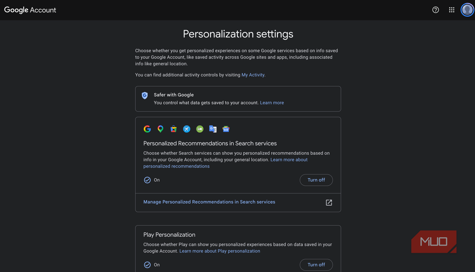 Google Activity controls settings.